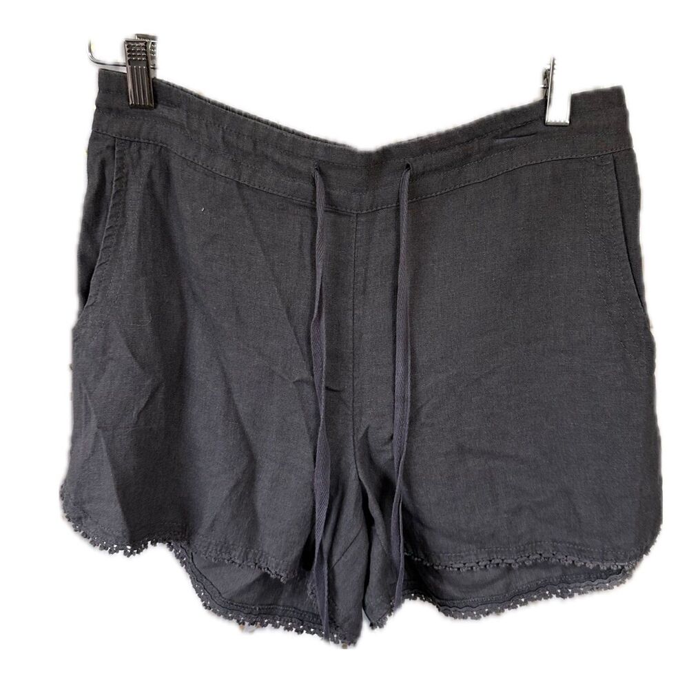 NWT Calson Women's Gray Linen Blend Lace Trim Drawstring Tie Side Pockets Shorts